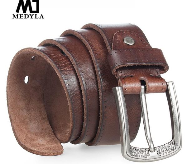 

MEDYLA Men Belt 100% Cowhide Alloy Pin Buckle Blue Color Personality Choice Cowhide Male Strap Jeans Waistband Gift T200113