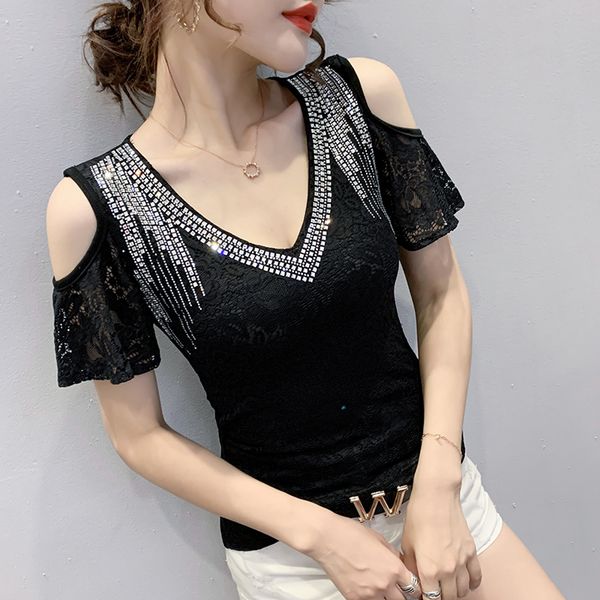women's t-shirt summer european clothes chic diamods lace ruffles v-neck off shouder women ropa mujer shirt tees t06210, White
women's t-shirt summer european clothes chic diamods lace ruffles v-neck off shouder women ropa mujer shirt tees t06210, White