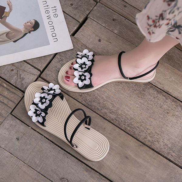 women shoes women's fairy flower new style student flat beach slipper roman shoes open toe comfy sandals, Black