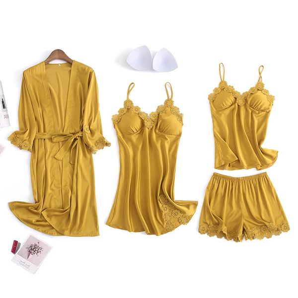 4-piece robe sets women silk nightshirts spring summer lace robes with chest pad sleepshirts sling shorts pajamas set, Black;red
4-piece robe sets women silk nightshirts spring summer lace robes with chest pad sleepshirts sling shorts pajamas set, Black;red