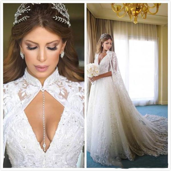 royal design gorgeous wedding dress with cape high neck crystals lace bridal gowns a line long train custom plus size, White
royal design gorgeous wedding dress with cape high neck crystals lace bridal gowns a line long train custom plus size, White