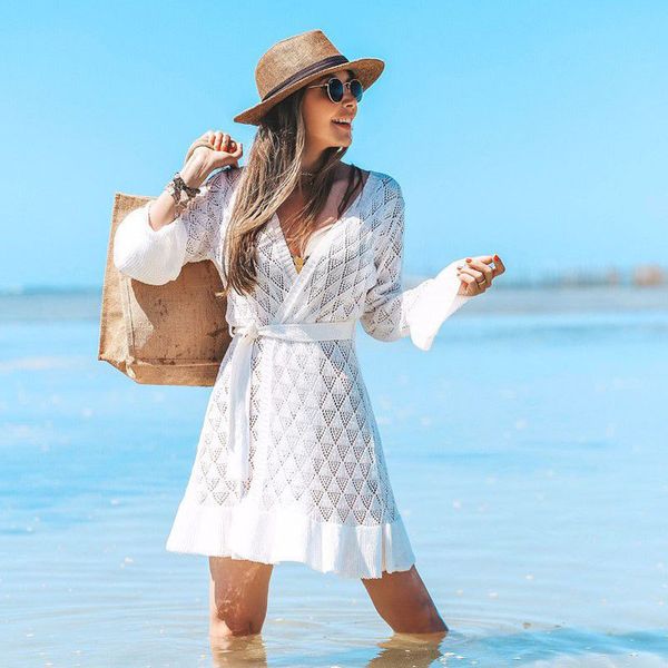 women's swimwear nodelay 2021 women knitted bikini cover up hollow crochet beach tunic dress long sleeve cover-ups with belt cardigan w, White;black
women's swimwear nodelay 2021 women knitted bikini cover up hollow crochet beach tunic dress long sleeve cover-ups with belt cardigan w, White;black