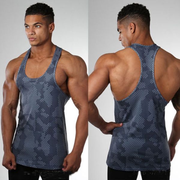 men sports running vest muscle training casual camouflage gym slim fit summer fitness o-neck bodybuilding tank sportswear, Black;blue