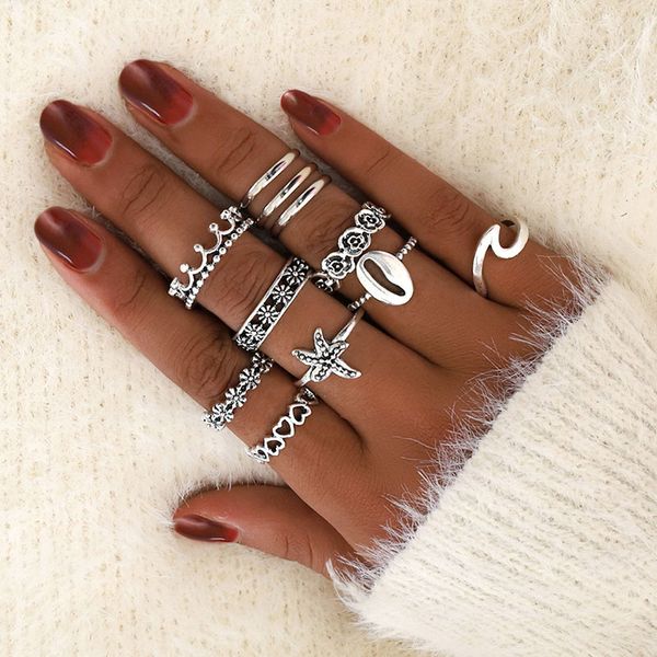 11pcs/set classic shell ring retro vintage starfish wavy hollow love crown rose flower knuckle finger rings women jewelry, Golden;silver
11pcs/set classic shell ring retro vintage starfish wavy hollow love crown rose flower knuckle finger rings women jewelry, Golden;silver