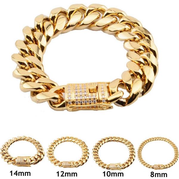 

8mm/10mm/12mm/14mm/16mm/18mm Mens 18K Gold Plated Stainless Steel Bracelets High Polished Miami Cuban Link Punk Curb Gold Bracelets Cubic Zi