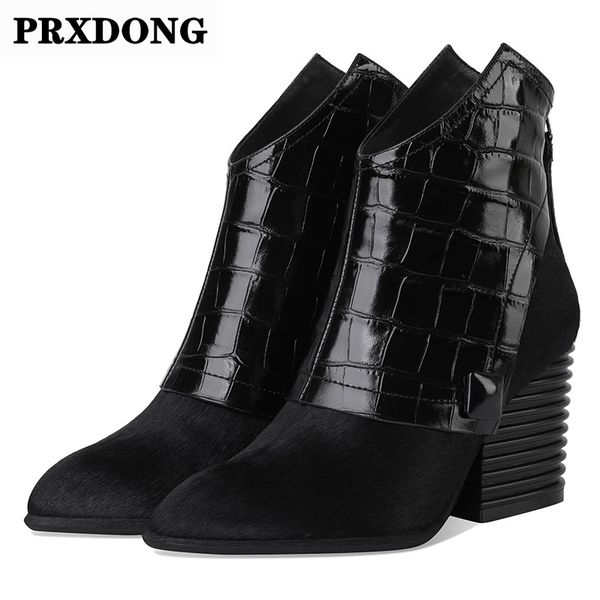 new 2020 brand woman ankle boots genuine leather handmade autumn winter shoes woman short boots square high heels riding, Black