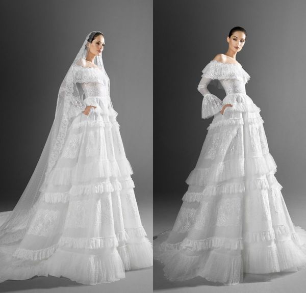 2021 zuhair murad a line wedding dresses off shoulder long sleeve lace sweep train plus size tiered ruffles wedding robe de mariée, White
2021 zuhair murad a line wedding dresses off shoulder long sleeve lace sweep train plus size tiered ruffles wedding robe de mariée, White