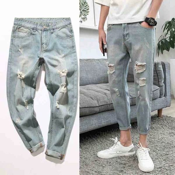 men's jeans summer 2021 hong kong wind ripped hole ankle length slim korean small feet pants beggar men, Blue
men's jeans summer 2021 hong kong wind ripped hole ankle length slim korean small feet pants beggar men, Blue