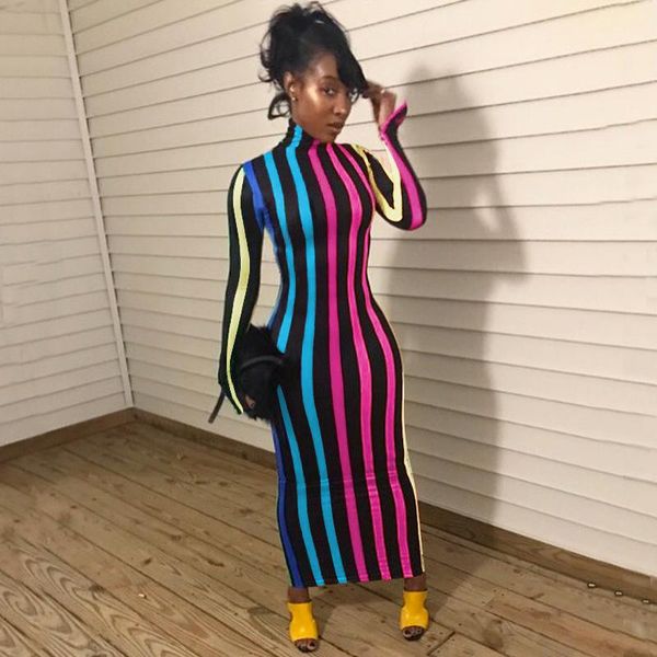 sleeve striped high neck long dress fashion casual female clothing 2020 womens designer bodycon dresses long, Black;gray 
sleeve striped high neck long dress fashion casual female clothing 2020 womens designer bodycon dresses long, Black;gray