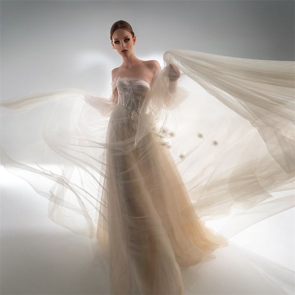 champagne wedding dresses long sleeves strapless custom made appliqued lace ruched tulle bridal gown sweep train vestidos de novia, White
champagne wedding dresses long sleeves strapless custom made appliqued lace ruched tulle bridal gown sweep train vestidos de novia, White