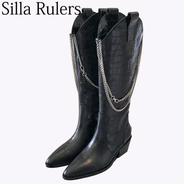 boots silla rulers 2021 fashion chain western woman pointed toe knee high genuine leather knight women, Black
boots silla rulers 2021 fashion chain western woman pointed toe knee high genuine leather knight women, Black