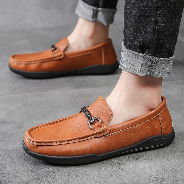 men fashion work shoes flat loafers shoes new men fisherman casual leather soft bottom, Black