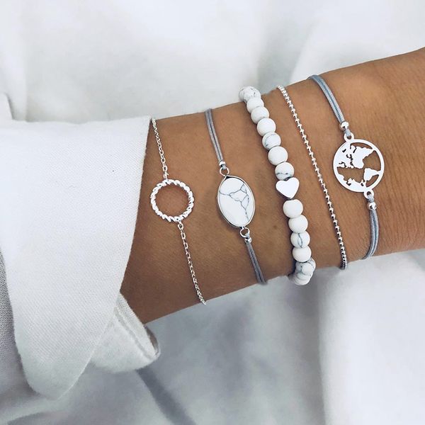 link, chain 5 pcs/ set female retro map heart love bead round gem leather silver bracelet personality girl christmas gift, Black
link, chain 5 pcs/ set female retro map heart love bead round gem leather silver bracelet personality girl christmas gift, Black