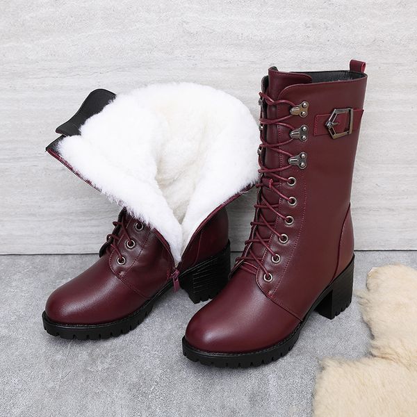 women's leather high-heeled large size boots women's new wool warm nine-hole winter shoes, Black