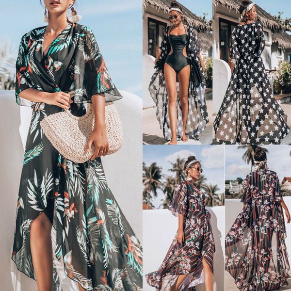women summer swimwear cover up bikini swimsuit chiffon beach print boho long dress, White;black
women summer swimwear cover up bikini swimsuit chiffon beach print boho long dress, White;black