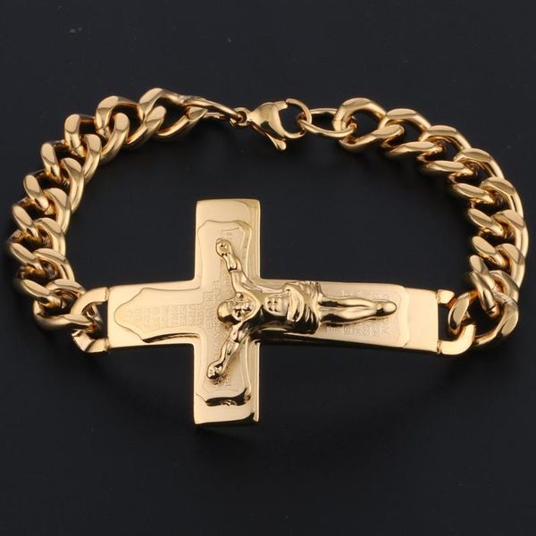 men's catholic stainless steel cuban link chain bracelet crucifix bible jesus cross bracelet gold silver color male jewelry mn02, Black
men's catholic stainless steel cuban link chain bracelet crucifix bible jesus cross bracelet gold silver color male jewelry mn02, Black