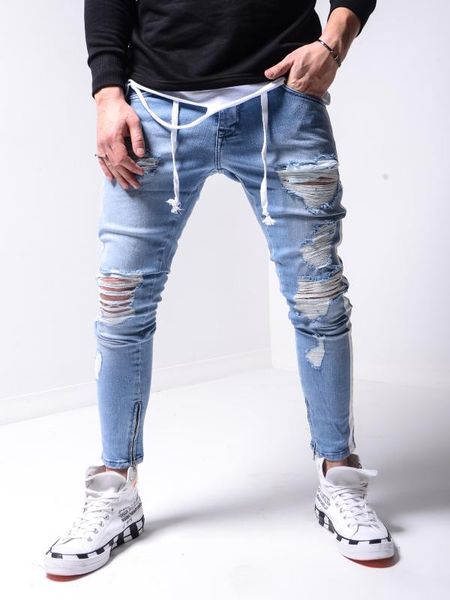 men's jeans trendy men skinny biker destroyed frayed fit denim ripped pants side stripe pencil hip hop streetwear, Blue
men's jeans trendy men skinny biker destroyed frayed fit denim ripped pants side stripe pencil hip hop streetwear, Blue