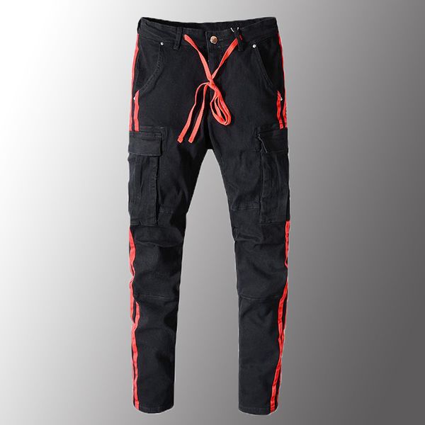 new mens jeans luxury men's red lines black pockets cargo jeans slim fit stretch denim pants plus size 40 male trousers, Blue
new mens jeans luxury men's red lines black pockets cargo jeans slim fit stretch denim pants plus size 40 male trousers, Blue