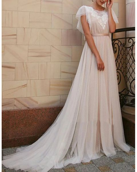 a-line wedding dresses jewel neck sweep / brush train tulle short sleeve beach boho illusion detail backless with sashes / ribbons, White 
a-line wedding dresses jewel neck sweep / brush train tulle short sleeve beach boho illusion detail backless with sashes / ribbons, White