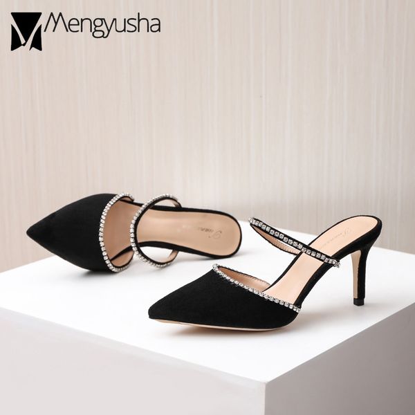 crystal beading high heels wedding shoes woman pointed toe rhinestone band slides female suede leather mules slingback sandalias, Black
crystal beading high heels wedding shoes woman pointed toe rhinestone band slides female suede leather mules slingback sandalias, Black