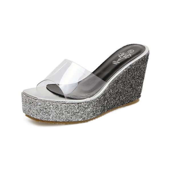 2020 summer fashion new slope heel transparent high heel platform sequined women's sandals and slippers, Black
2020 summer fashion new slope heel transparent high heel platform sequined women's sandals and slippers, Black