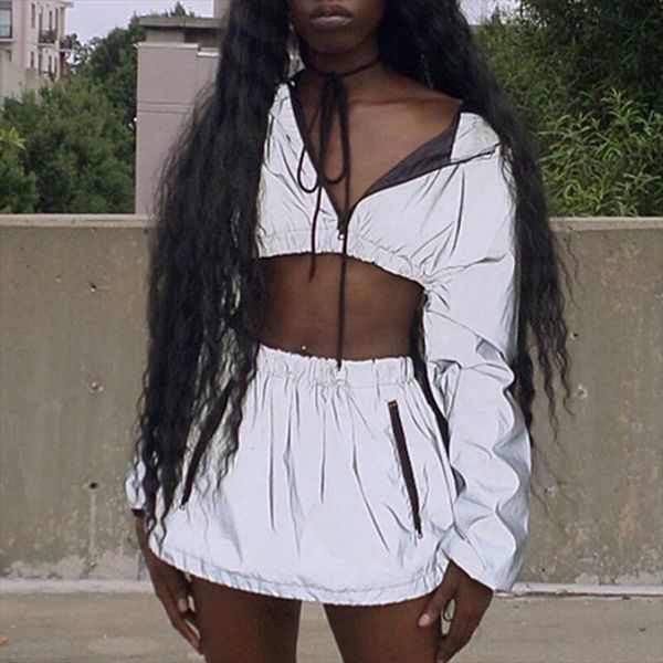 2pcs set women reflective tracksuit crop long sleeve hooded short skirt bodycon sport gym zipper women two piece set, Gray
2pcs set women reflective tracksuit crop long sleeve hooded short skirt bodycon sport gym zipper women two piece set, Gray