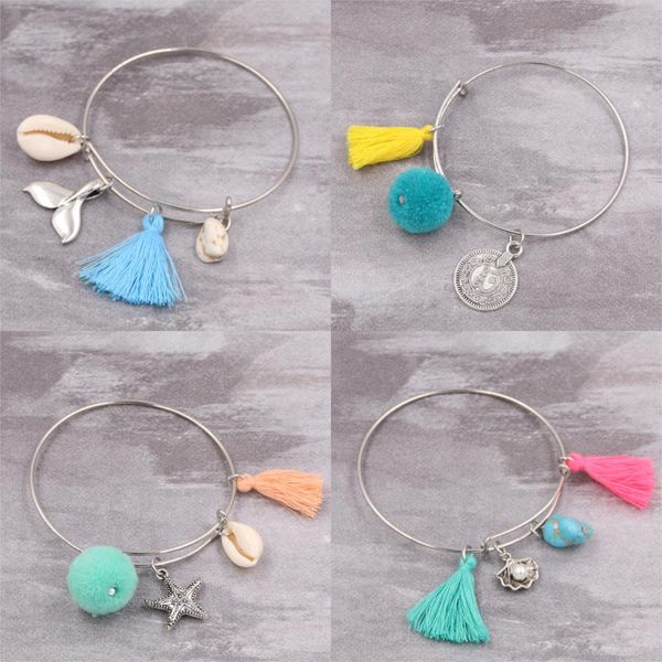 1pc summer shell starfish charms with tassel bangle bracelet pompons jewlery adjustable expandable wire bangle beach gift, Black
1pc summer shell starfish charms with tassel bangle bracelet pompons jewlery adjustable expandable wire bangle beach gift, Black