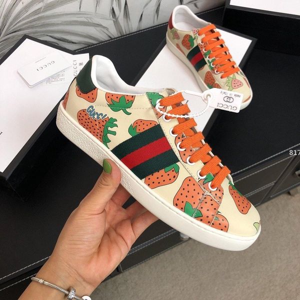 new luxury fashion printed strawberry patterns flat genuine leather with box and dusty bag flat stripe lace up, Black
new luxury fashion printed strawberry patterns flat genuine leather with box and dusty bag flat stripe lace up, Black