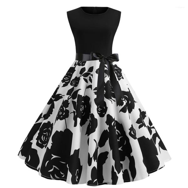 vingate womens floral printed dress fashion hepburn style a line dresses with bow tie elegant sleeveless party dress, Black;gray 
vingate womens floral printed dress fashion hepburn style a line dresses with bow tie elegant sleeveless party dress, Black;gray