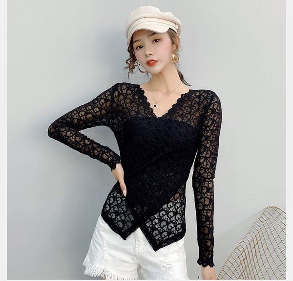 2020 autumn new slim v-neck irregular waist western style bottom blouse lace blouse women's long sleeve t-shirt, White
2020 autumn new slim v-neck irregular waist western style bottom blouse lace blouse women's long sleeve t-shirt, White
