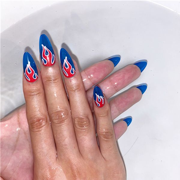24pcs/box with 2 glue full cover stiletto nail tips press on mid-length size flame design transparent nail with pattern, Red;gold
24pcs/box with 2 glue full cover stiletto nail tips press on mid-length size flame design transparent nail with pattern, Red;gold