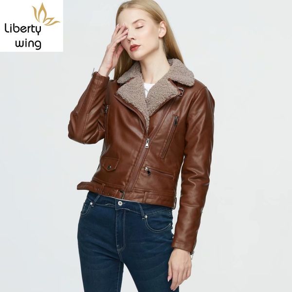winter women thick fur lining pu casual short belted slim fit bikers coat lapel collar warm faux leather jacket, Black
winter women thick fur lining pu casual short belted slim fit bikers coat lapel collar warm faux leather jacket, Black
