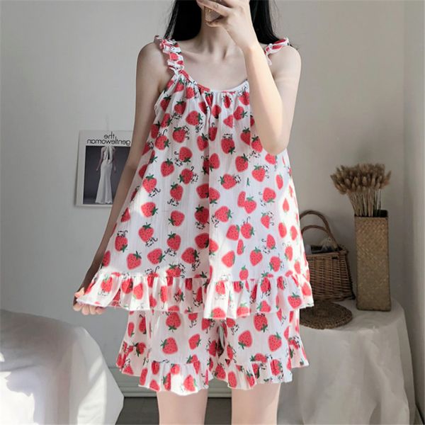 xifer new summer korean women sling strawberry pajamas pure cotton student sweet princess style home service suit, Black;red 
xifer new summer korean women sling strawberry pajamas pure cotton student sweet princess style home service suit, Black;red