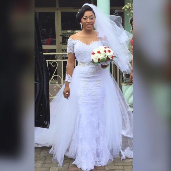 charming long sleeves white mermaid wedding dresses with detachable overskirt train lace appliques african bridal wedding gowns plus size
charming long sleeves white mermaid wedding dresses with detachable overskirt train lace appliques african bridal wedding gowns plus size