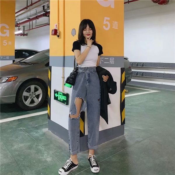 women's jeans high-waist autumn and winter fashion trend casual loose hole frayed ankle length straight pants plus size, Blue
women's jeans high-waist autumn and winter fashion trend casual loose hole frayed ankle length straight pants plus size, Blue