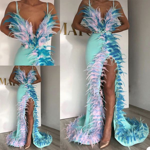 2020 colorful feather evening dresses spaghetti high split backless prom dress sweep train custom made formal party gowns, Black;red
2020 colorful feather evening dresses spaghetti high split backless prom dress sweep train custom made formal party gowns, Black;red