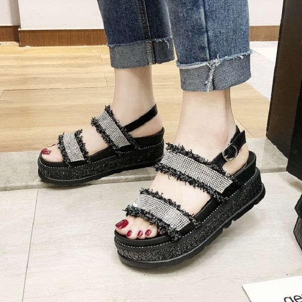 2020 new summer wild fashion student muffin platform flat bottom beach casual sandals female rhinestone high heel women's shoes, Black
2020 new summer wild fashion student muffin platform flat bottom beach casual sandals female rhinestone high heel women's shoes, Black