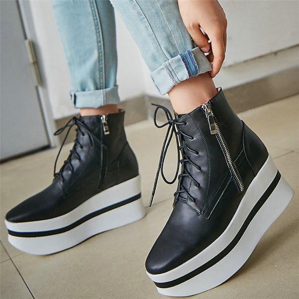 punk trainers women genuine leather wedges high heel platform pumps shoes female high lace up fashion sneakers casual shoes, Black
punk trainers women genuine leather wedges high heel platform pumps shoes female high lace up fashion sneakers casual shoes, Black