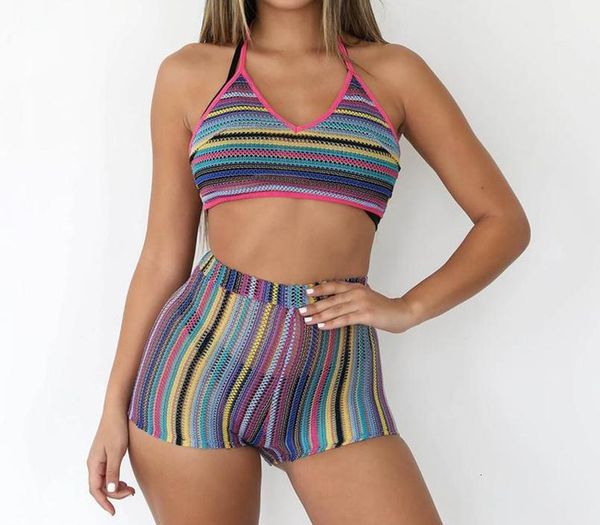 rainbow striped crochet two 2 piece sets halter backless bandage crop elastic waist shorts hollow out outfits women, Gray
rainbow striped crochet two 2 piece sets halter backless bandage crop elastic waist shorts hollow out outfits women, Gray