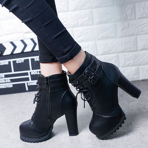 super high heels ankle boots for women fashion rivet buckle pu leather shoes woman autumn winter lace up platform botas, Black
super high heels ankle boots for women fashion rivet buckle pu leather shoes woman autumn winter lace up platform botas, Black