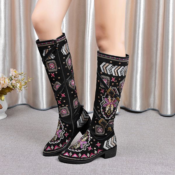 us4-11 womens pointytoe genuine leather knee thigh boots embroidery retro floral chunky heel belt buckle shoes ethnic plus size, Black
us4-11 womens pointytoe genuine leather knee thigh boots embroidery retro floral chunky heel belt buckle shoes ethnic plus size, Black