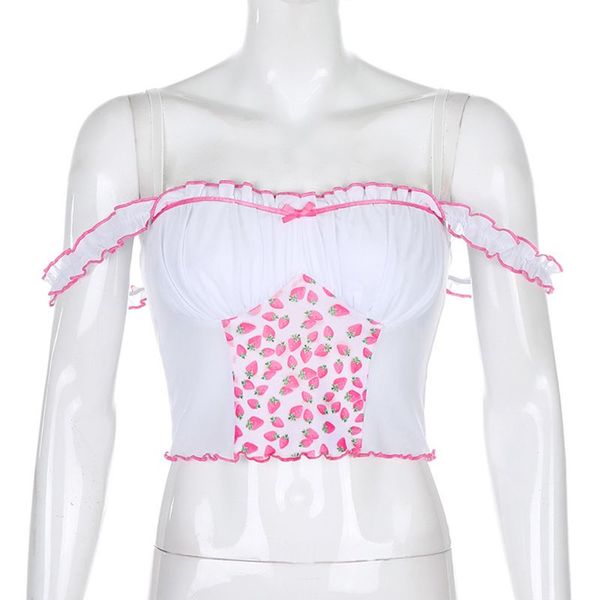 women spaghetti strap ruffles crop strawberry print ruched chest camisole mesh patchwork off shoulder slim vest, White
women spaghetti strap ruffles crop strawberry print ruched chest camisole mesh patchwork off shoulder slim vest, White