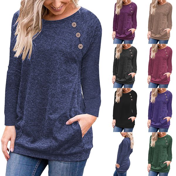 2020 autumn new european and american t-shirt womens popular round neck button stitching long-sleeved upper garment, White
2020 autumn new european and american t-shirt womens popular round neck button stitching long-sleeved upper garment, White