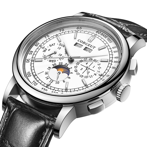 brand 42mm corgeut mechanical wristwatches moon phase white dial silver year day month week 316l ss case automatic watch men, Slivery;brown
brand 42mm corgeut mechanical wristwatches moon phase white dial silver year day month week 316l ss case automatic watch men, Slivery;brown
