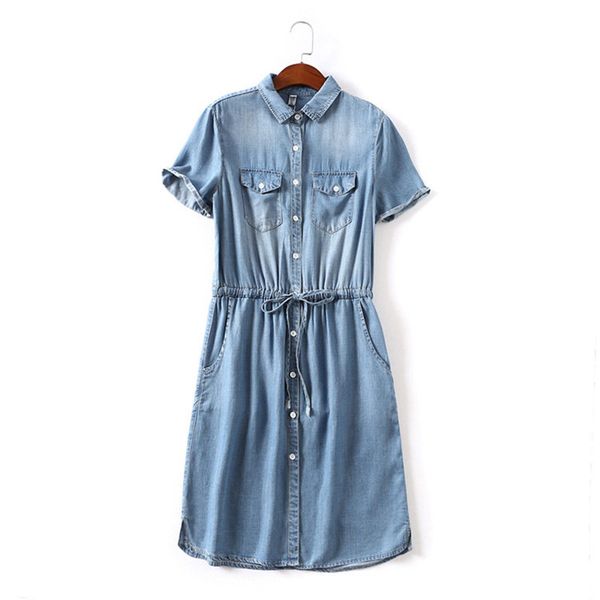 women casual blue short sleeves denim dress single breasted pocket waist lace-up knee length vestidos jeans dresses, Black;gray
women casual blue short sleeves denim dress single breasted pocket waist lace-up knee length vestidos jeans dresses, Black;gray