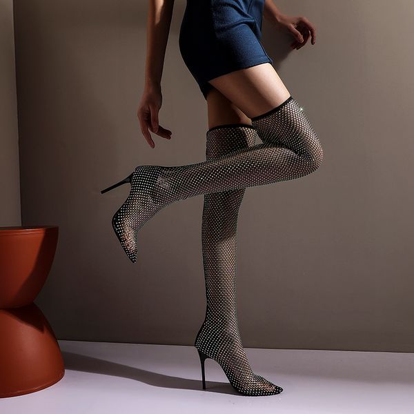 boots summer over-the-knee mesh crystal pointed toe women's thin women high heel club sock size 35-45, Black
boots summer over-the-knee mesh crystal pointed toe women's thin women high heel club sock size 35-45, Black