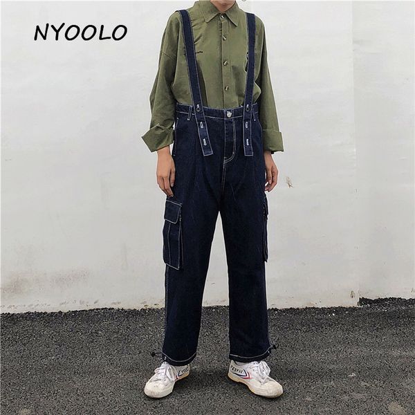 nyoolo autumn streetwear big pockets washed jeans casual high waist full length strap denim pants women men jumpsuit overalls, Blue
nyoolo autumn streetwear big pockets washed jeans casual high waist full length strap denim pants women men jumpsuit overalls, Blue