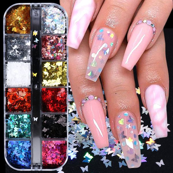 12 grid/set holographic nail glitter sequins laser butterfly sequins 3d colorful sequins manicure nail art decoration, Black 
12 grid/set holographic nail glitter sequins laser butterfly sequins 3d colorful sequins manicure nail art decoration, Black