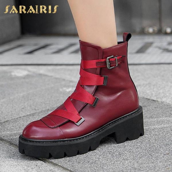 lapolaka new arrivals genuine cow leather ankle boots woman shoes zip up chunky heels platform comfortable office shoes ladies, Black