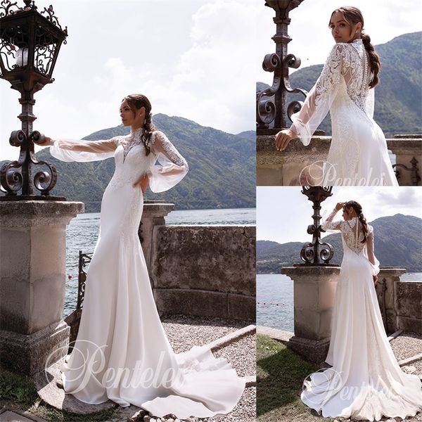 high-neck pentelei a-line wedding dresses long sleeve lace appliqued beach bridal gown ruched satin custom made boho vestidos de novia, White
high-neck pentelei a-line wedding dresses long sleeve lace appliqued beach bridal gown ruched satin custom made boho vestidos de novia, White